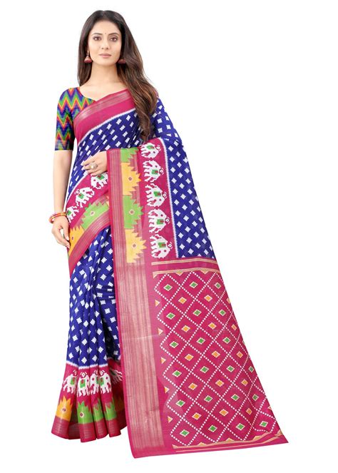 Get Blue & Pink Ikat Pattu Ethnic Printed Saree at ₹ 799 | LBB Shop
