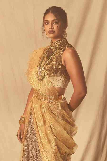 Buy Gold Silk Satin Sequins High Neck Embellished Blouse For Women by ...