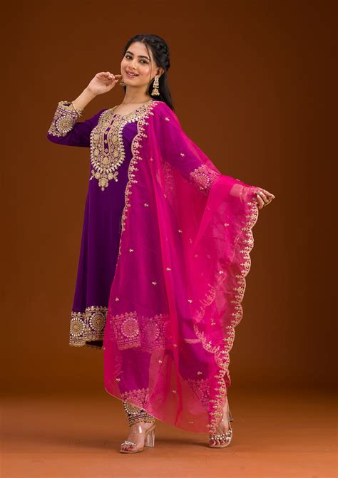 Buy Purple Zariwork Semi Crepe Readymade Salwar Suit - Koskii