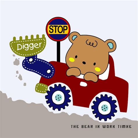 Słodki mały niedźwiedź i jego skraper projekt samochodu rysunkowy ...