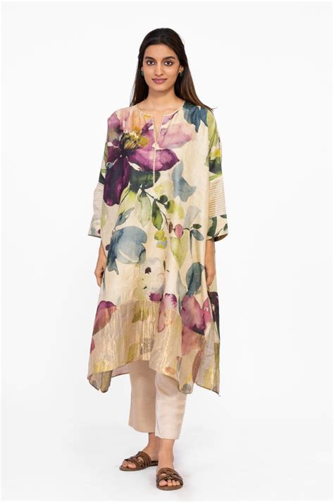 Buy - Multicolor floral zari detail kaftan tunic with pants | Elan Store