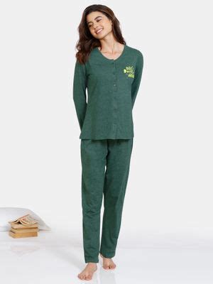 Buy Zivame Rosaline Starry Nights Knit Cotton Pyjama Set - Dark Green ...