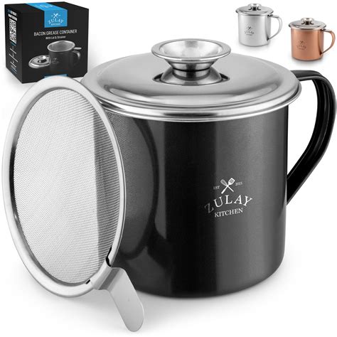 Zulay Kitchen Bacon Grease Container with Strainer 1L Stainless Steel ...