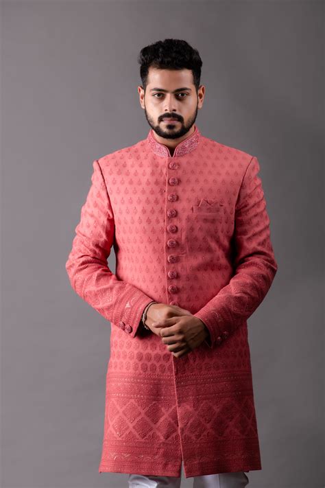 Peach Lucknowi Indo Western Set with Churidar | Shreeman
