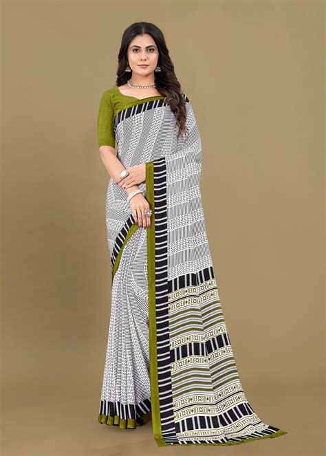 Black & White Geometric Printed Crepe Saree with Solid Border – Nupur ...