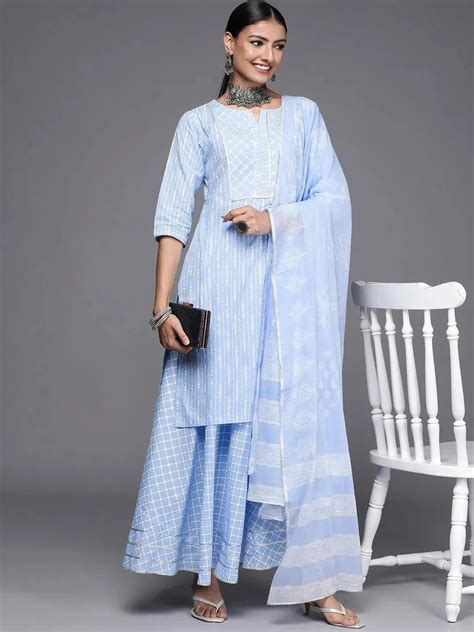Buy Blue Yoke Design Cotton Straight Kurta With Skirt & Dupatta Online ...