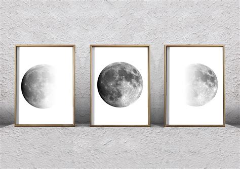 Moon Phase Prints Set of 3 Lunar Phases Black and White Wall Art Minimalist Posters Night Sky ...