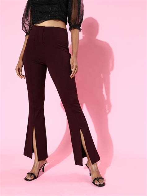 Buy Women Burgundy Roma Front Slit Bell Bottom Pants Online At Best ...