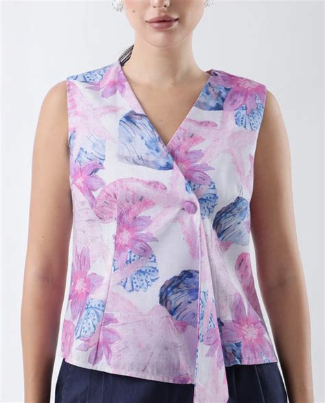 Rareism Women Predin-T Multi Chiffon Sleeveless Overlap Neck Button Cl