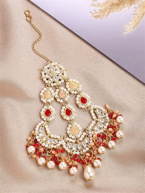 KARATCART Traditional Gold-Plated Red and Peach Crystal Studded Kundan