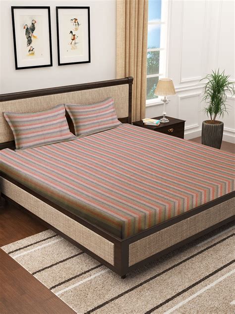 Klotthe Multicolor Striped 400 TC Pure Cotton King Size Double Bedshee ...