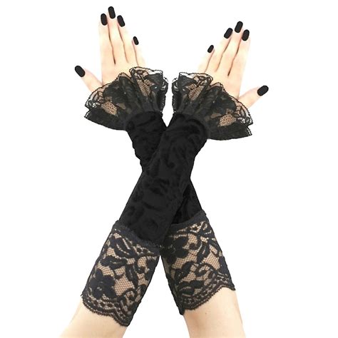 Womens Black Gloves, Black Gothic Fingerless Gloves With Ruffle ...