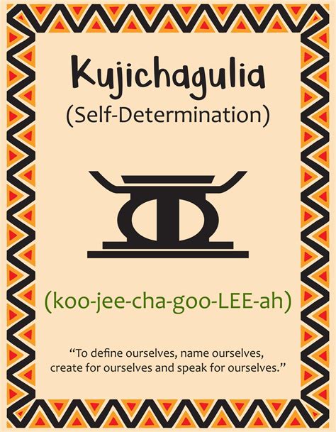 A card with one of the Kwanzaa principles. Symbol Kujichagulia means ...
