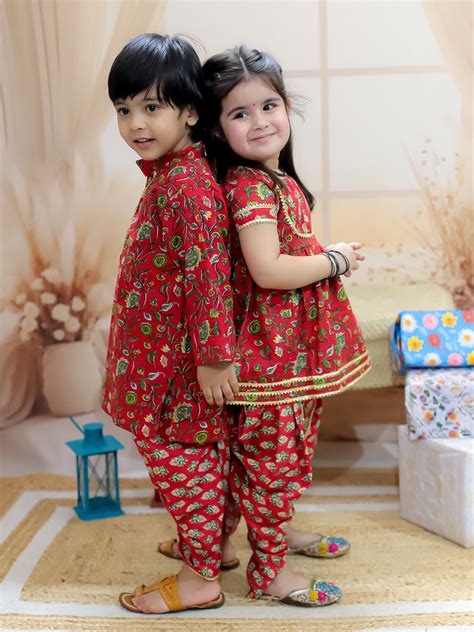 BownBee Sibling Set Pure Cotton Printed Kurta Dhoti with Pure Cotton P ...