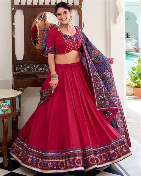 Pink Tussar Silk Gamthi Print Lehenga Choli with Dupatta – Trinari