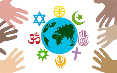 Premium Vector | Hands around the globe and the symbols of the religion ...