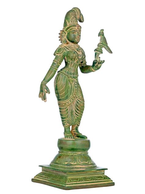 Mud green Brass Statue of Devi Andal / Goda Devi Holding a Parrot 12 i ...
