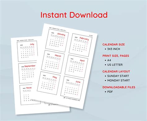 2025 3x3 Mini Calendar Printable Mini Calendar Minimalist Monthly ...