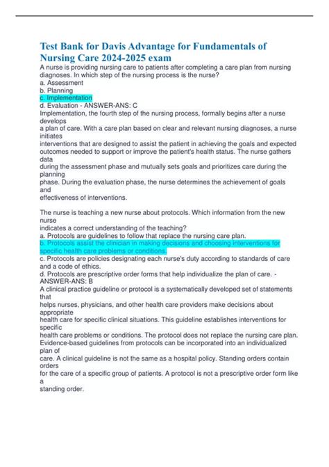Test Bank for Davis Advantage for Fundamentals of Nursing Care exam ...