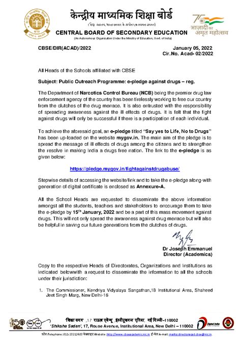 CBSE Circular 02/2022: E-Pledge Against Drugs Program - Studocu