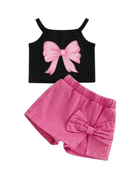 Baby Toddler Girl Shorts Set Bow Spaghetti Strap Tops Solid Denim ...