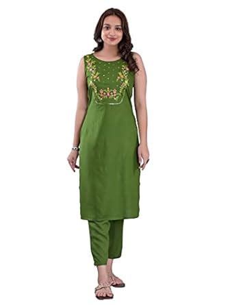 Buy Clothy N Wave Women's Rayon Embroidered Green Kurta Pant set ...