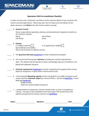 Fillable Online Spaceman Usa Pre-installation Checklist Fax Email Print ...