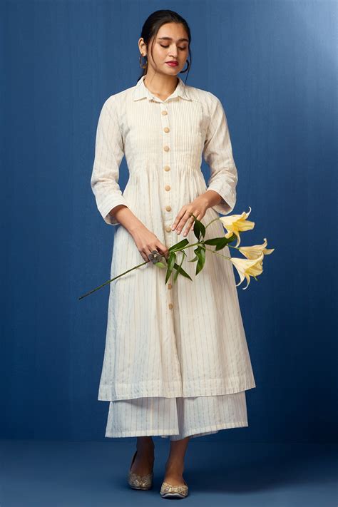 pleated neck pintuck collar dress - pearlescent & gilded stripes ...