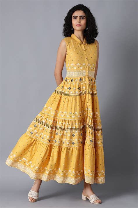 Buy Yellow Shirt Collar Tiered Dress Online for Woman | WforWoman