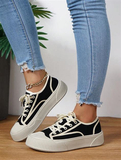 Women Two Tone Lace Up Front Canvas Shoes, Canvas Sporty Sneakers Black ...