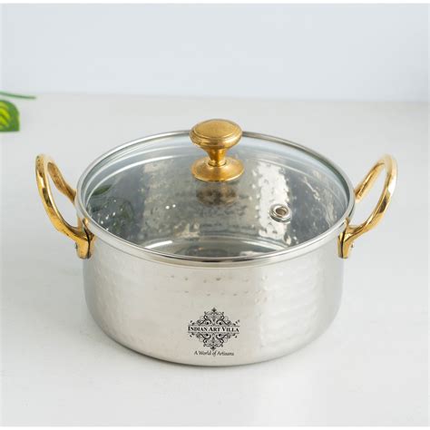 Stainless Steel Serving Bowl with Brass Handles and Glass Lid, Hammere ...