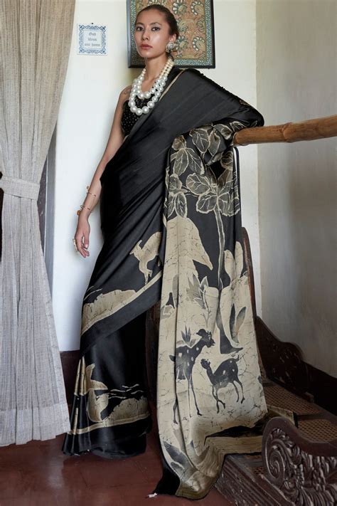 Buy Soot Black Printed Satin Crepe Silk Saree Online - MySilkLove