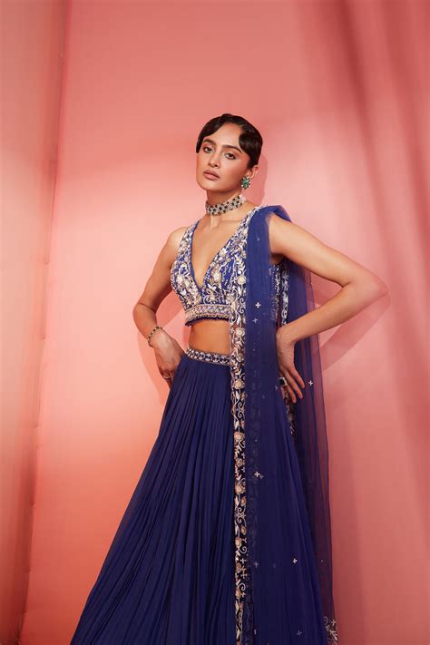 Ink Blue Blouse Skirt And Dupatta by Designer Sanya Gulati