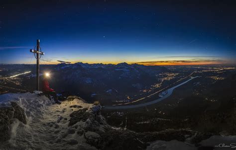 Wallpaper stars, light, sunset, mountains, night, cross, Bayern for ...