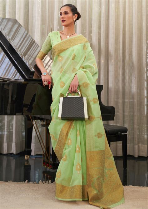 Shop Pure Linen Mint Green Handloom Saree Online India USA UK – Sunasa
