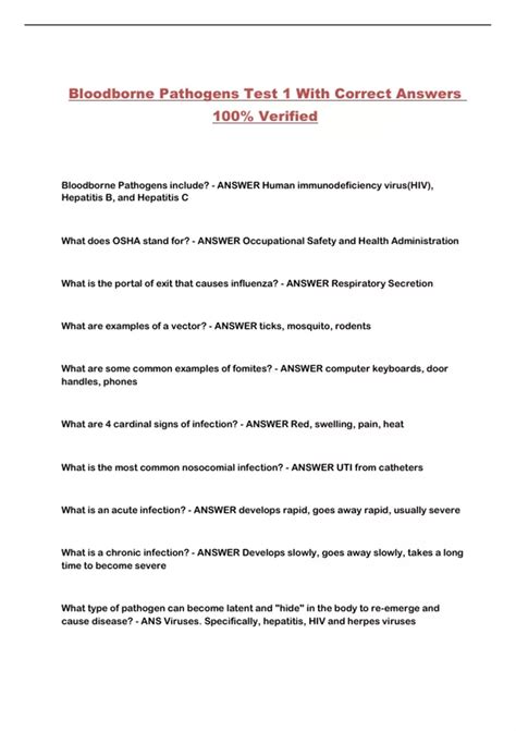 Bloodborne Pathogens Test 1 With Correct Answers 100% Verified ...