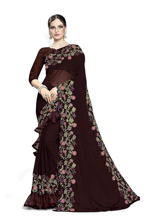 Buy SERONA FABRICS Women's Georgette Embroidered Work Saree with Blouse ...