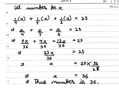 Plz ans the sum of one-fourth,one- ninth and one-third of a number is ...