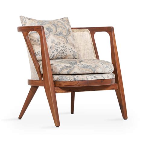 Ringi -Teak Lounge Chair Cream Printed Fabric | Alankaram