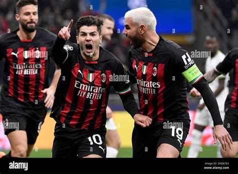 Brahim Diaz of AC Milan (c) celebrates with Theo Hernandez after ...