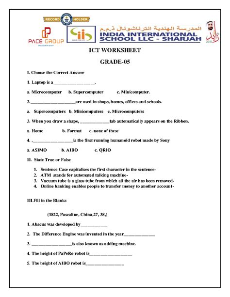 1609 Gr.5 Worksheet ICT - ICT WORKSHEET GRADE- 05 I. Choose the Correct ...