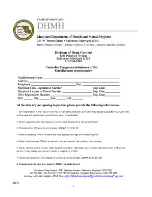 Fillable Online dhmh maryland CDS Establishment Opening Questionnaire ...