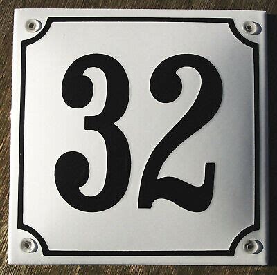 HOUSE NUMBER, 32 CLASSIC ENAMEL SIGN. BLACK No.32 ON A WHITE BACKGROUND ...