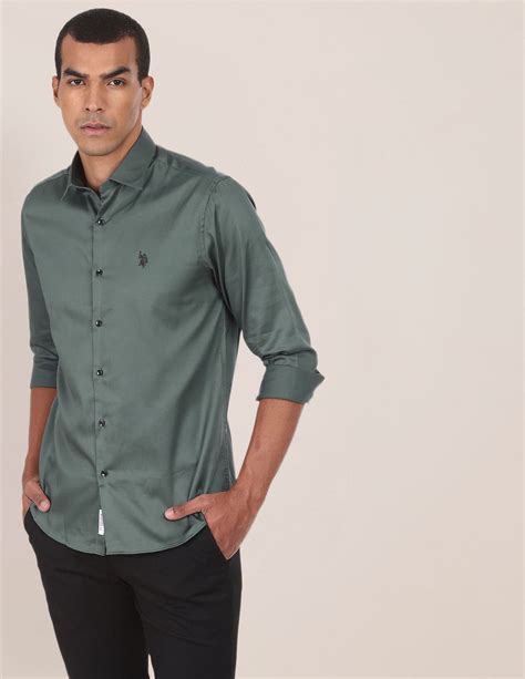 Buy Men Spread Collar Cotton Stretch Shirt Green|U.S. Polo Assn. India
