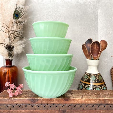 Fire King Jadeite 4 Swirl Bowls, Vintage Jadeite Mixing Bowls 6 7 8 9 ...