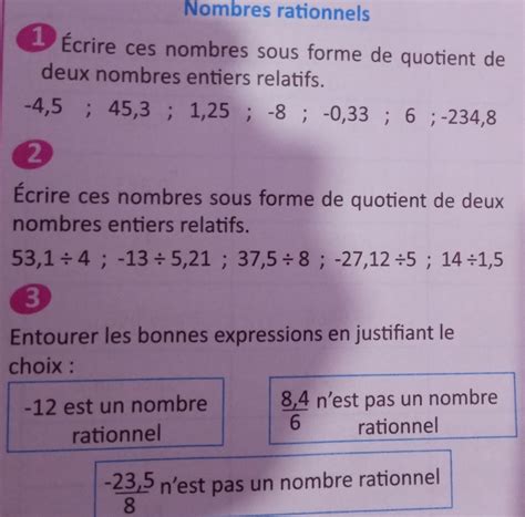 Solved: Nombres rationnels 1 Écrire ces nombres sous forme de quotient ...