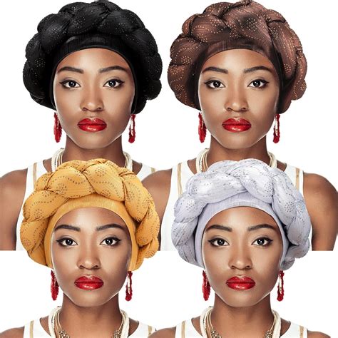 4 Pcs African Turban Head Wrap for Women and Girls Braid Crystals Head ...