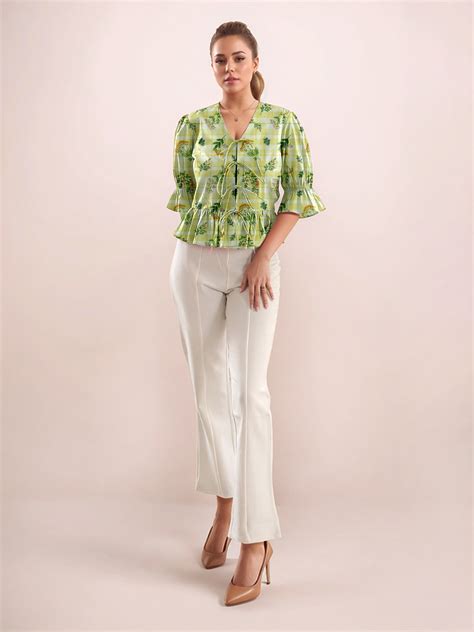 Green Floral V-Neck 3/4th V-Blouses & Tops