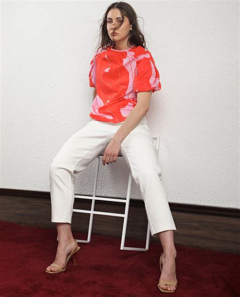 Rareism Women's Danica Orange Cotton Fabric Short Sleeves Button ...