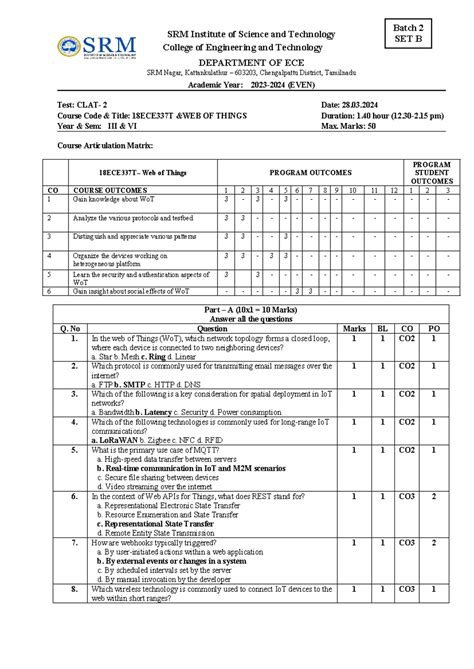 Ct2 answer key Set B - SRM Institute of Science and Technology College ...